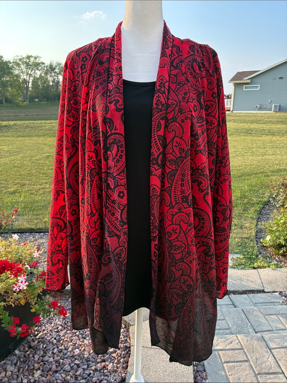 CJ Banks Red and Black Paisley/Floral Print Top 1X